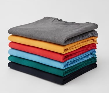 A stack of neatly folded t-shirts in vibrant rainbow colors, showing a variety of hues from gray and red to blue and black.
