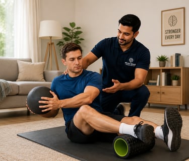 A physical therapist assists a man with core strengthening exercises using a medicine ball and foam roller.