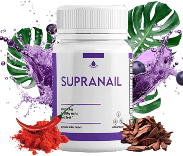 Supranail dietary supplement bottle for healthy nails and feet with herbal ingredients and splashes.