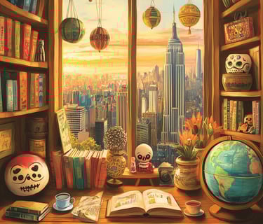 a desk with a bookcase and a book