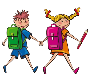 two children holding hands and holding school supplies