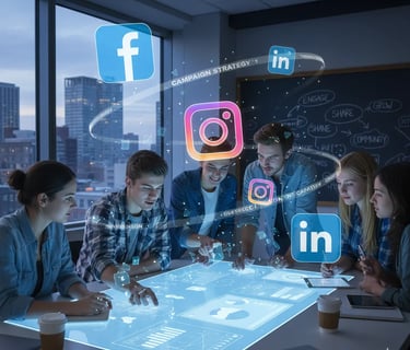 Team using laptops surrounded by digital marketing icons like Instagram, LinkedIn, and Facebook