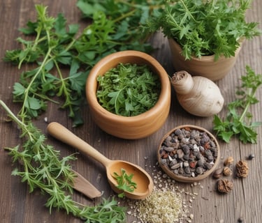 A cozy podcast studio with microphones and herbal products displayed.