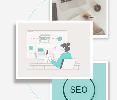 a woman sitting at a desk with a magnifying image of a woman in