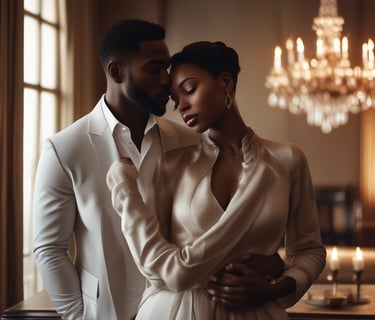 A beautifully lit, elegant portrait of a black couple sharing a tender moment, showcasing rich skin tones and timeless style.