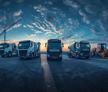 a group of trucks parked in a parking lot