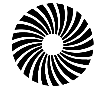 Abstract geometric white circular sunburst pattern with spiral lines on a black background.