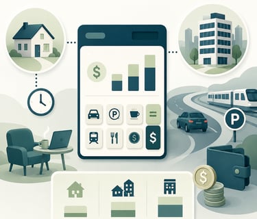 Financial calculator app interface showing budget icons for housing, travel, and lifestyle expenses.