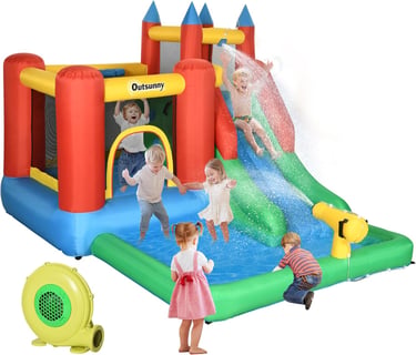 Outsunny 6-in-1 Kids Bounce House Inflatable Water Slide with Pool, Water Cannon, Climbing Wall, Inf