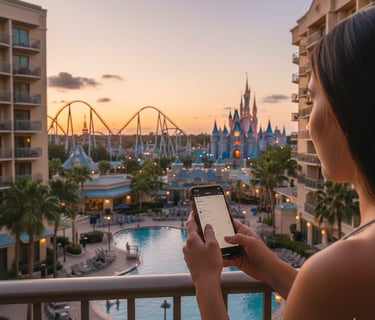 View from an beautiful woman Orlando hotel balcony during a theme park stay while holding a phone