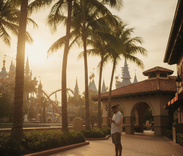 Visitor checking phone near Orlando theme park resort while searching for a dispensary near me