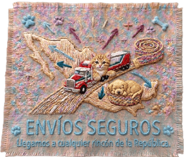 Bordado decorativo que representa a un gato y un perro junto a un camión, símbolo de envíos seguros
