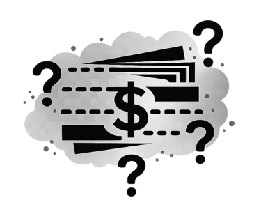 A dollar sign and cash stack surrounded by question marks representing financial uncertainty and budget planning.