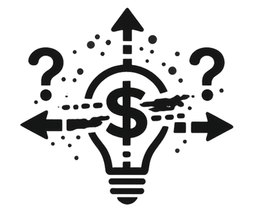 Black and white icon of a lightbulb with a dollar sign, question marks, and directional arrows.