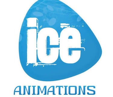ICE Animations logo featuring white distressed text on a blue teardrop shape with a textured background.