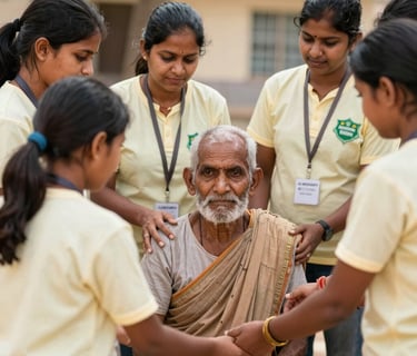 A group of volunteers warmly interacting with local families in an Indian village.