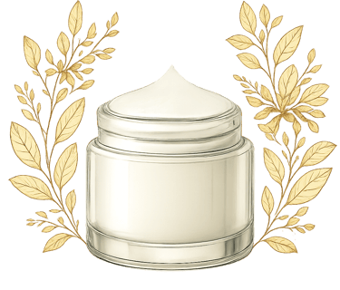 A glass jar of facial cream, surrounded by golden floral illustrations.
