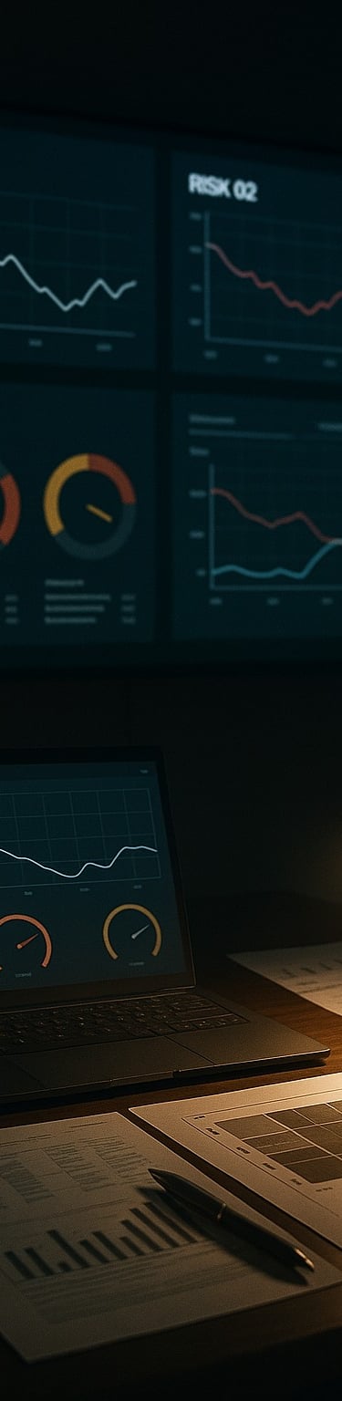 Risk dashboards with warning indicators, representing business failure early warning.