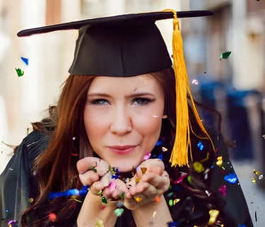 Smiling graduate in cap and gown with confetti, symbolizing successful scholarship guidance Admit360