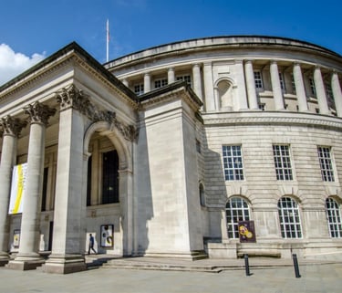 Picture with the entrance to Manchester Central Library in the UK