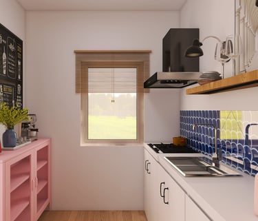 Rinde de cocina moderna con backsplash azul, estanterías de madera y detalles en rosa.