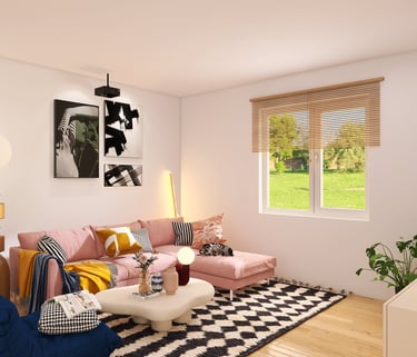 Diseño de sala de estar moderna con sofá rosa, alfombra geométrica y detalles decorativos amarillos.