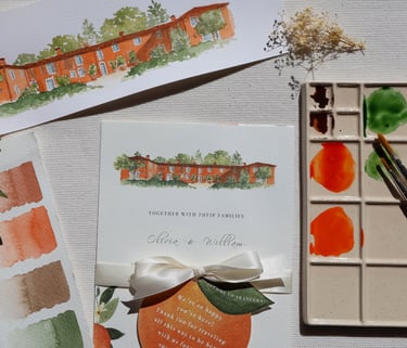 close up of final invitation with color swatches and original artwork of house