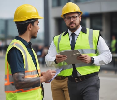 two men in safety vests standing in front of a building