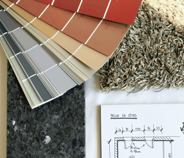planche tendance avec du granite, de la moquette, un nuancier et un plan