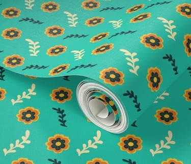 a green and yellow flowered wallpaper with a flower pattern