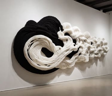 Escultura têxtil abstrata em preto e branco na parede de uma galeria.