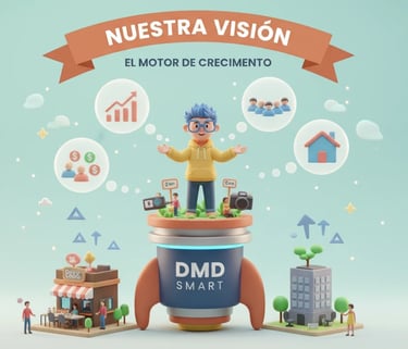 a man standing on a pedestal with a large amount of information about the business