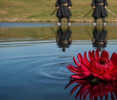 Samurai stand before a chrysanthemum, a symbol of sacrifice