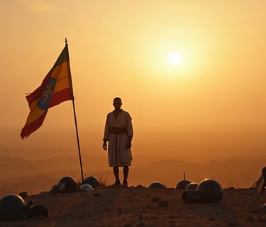 A loan Ethiopian warrior, stands triumphant