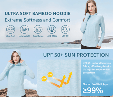 Woman wearing ultra soft bamboo hoodie made from recycled materials, emphasizing sustainable, cozy