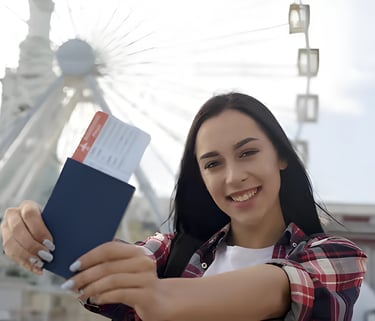 Woman smiling with passport and ferris wheel backdrop, illustrating Admit 360's support