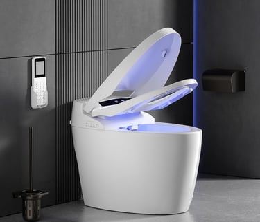 a toilet with a blue light on it