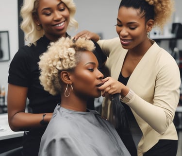 A stylist cutting a client's hair in a modern salon setting.