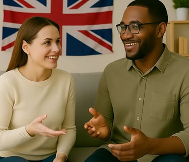 Hombre y mujer en la sala de estar teniendo una conversación en inglés