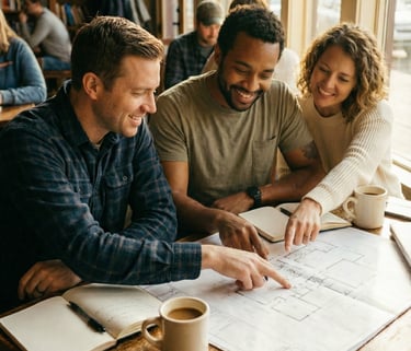 InnerLoom Life Coaching: Friends collaborate in a bookstore. Empowerment, goal setting, and planning for a bright future.