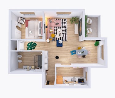 Planta arquitectónica 3D de departamento moderno con diseño de interiores a medida.