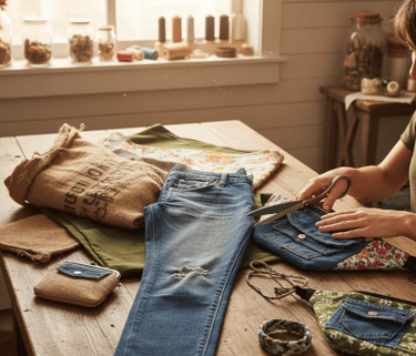 du tissu, un jean, des ciseaux, la couturière prete a concevoir un sa banane recyclé