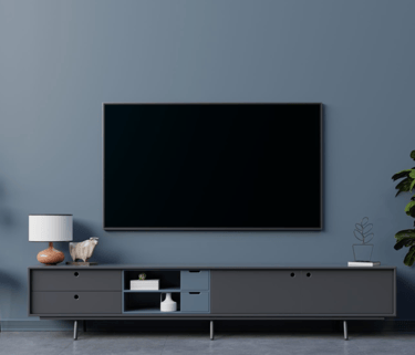 a tv screen showing a large screen tv and a plant in a room