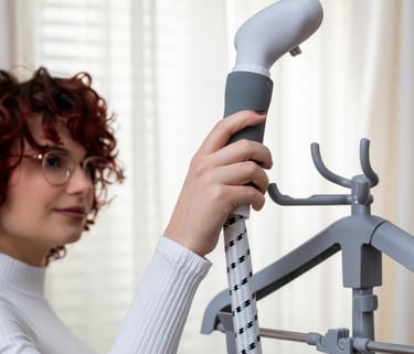 a woman holding a hanger with a hanger on it
