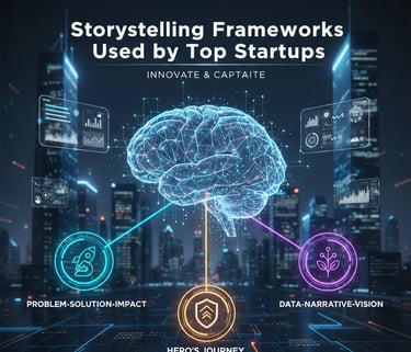  An infographic titled "Storytelling Frameworks Used by Top Startups" featuring a digital brain conn