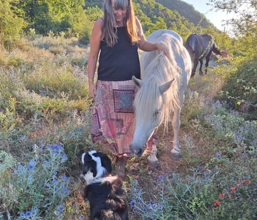 Vrouw staat naast een wit paard in een weiland met bloemen, ze legt haar hand op het paard