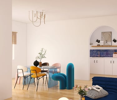 Vista de comedor y sala integrados con mobiliario de diseño vanguardista y arco de paso.