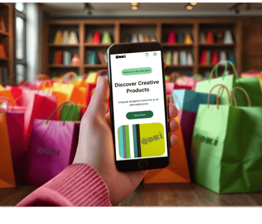 hand holding cell phone in front of shopping bags