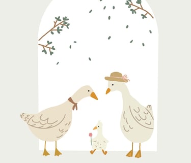 a couple of ducks in a field with a tree in the background