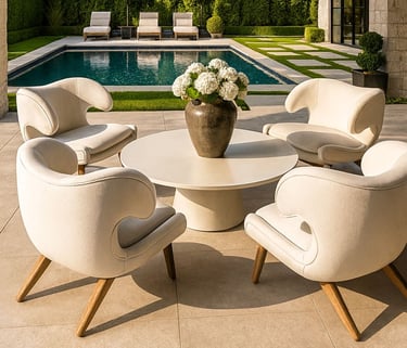 Luxurious backyard with pool featuring custom curved white armchairs by Solo Home Decor, elegant modern style
